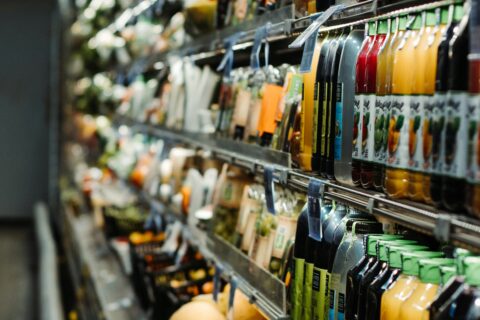 Supermarket refrigerated shelf with packaged food products for wholesale distribution