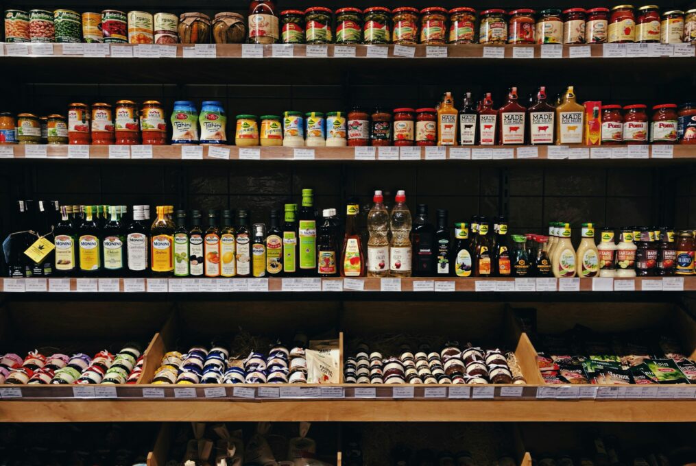 Italian-style retail shelf with oils sauces and condiments for premium Italian food retail