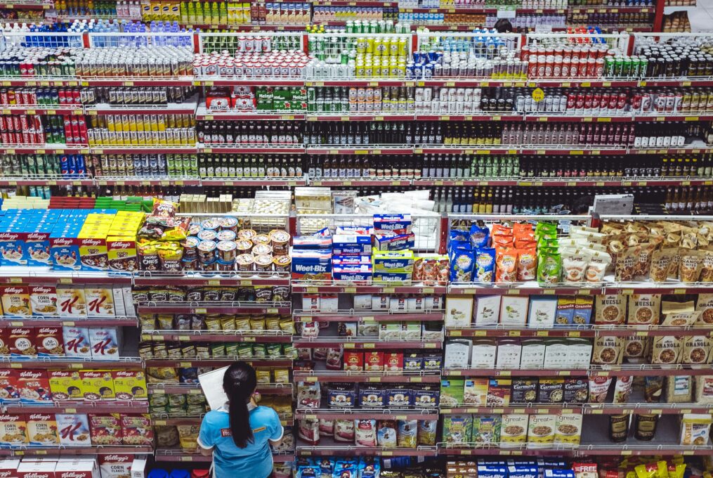 Overhead supermarket shelves for Italian food retail activation and category strategy