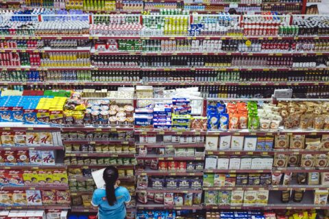 Overhead supermarket shelves for Italian food retail activation and category strategy